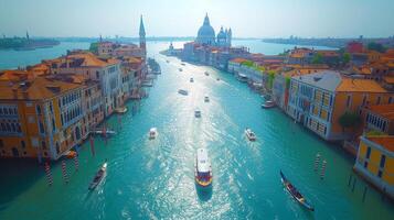 ai genererad under en solig dag och blå himmel, överfulla san marco fyrkant i de historisk Centrum med turister är sett i de bakgrund. foto