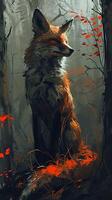 ai genererad en lugn räv sitter graciöst i en dimmig skog, omgiven förbi slående röd höst löv, frammanande en känsla av lugna och naturlig skönhet. foto