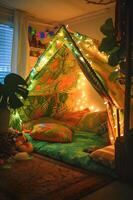 ai genererad liten flicka rum Foto djungel tema tält med fe- lampor