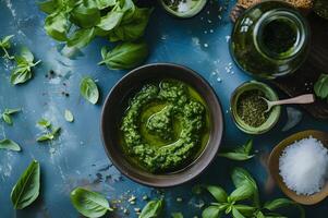 ai genererad grön elegans pesto sås i folk mönster bakgrund foto