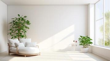 ai genererad en levande rum med vit väggar och hårt träslag golv, Inklusive en stor grön växt. begrepp av minimalistisk design. skapas med generativ ai foto