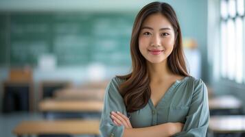 ai genererad en skön ung skola lärare stående i de klassrum foto