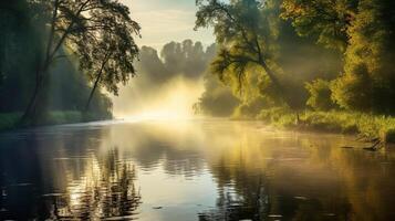 ai genererad ljus dis över de flod, träd reflekterad i de vatten, morgon- solljus foto