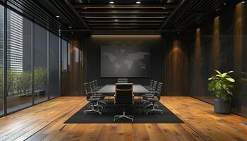 ai genererad modern interiör design kontor hall med konferens tabell, trä- golv och mörk vägg bakgrund foto