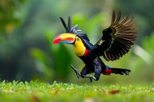 ai genererad en flygande färgrik toucan landar på de gräsmatta foto