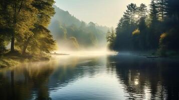 ai genererad ljus dis över de flod, träd reflekterad i de vatten, morgon- solljus foto