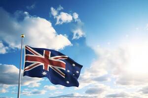 ai genererad Lycklig Australien dag med australier nationell flagga i ljus himmel foto