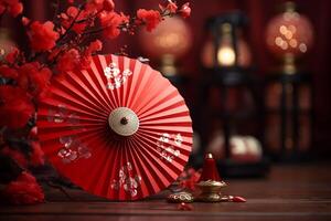 ai genererad Lycklig kinesisk ny år med paraply och röd blommor dekoration foto