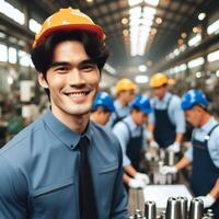 ai genererad Lycklig leende manlig fabrik arbetstagare Framställ inuti ett fabrik för en fotografering foto