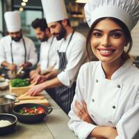 ai genererad manlig kock och kvinna kock arbetssätt inuti ett restaurang leende Framställ för fotografering foto