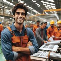ai genererad Lycklig leende manlig fabrik arbetstagare Framställ inuti ett fabrik för en fotografering foto