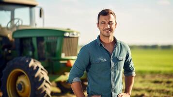 ai genererad en stilig jordbrukare i en pläd skjorta, leende och ser på de kamera foto