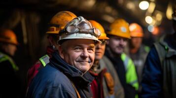 ai genererad en man i en hård hatt med Övrig människor i en tunnel foto