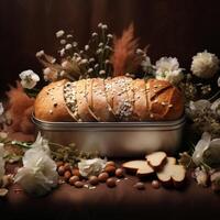 ai genererad mandel vete bröd i keramisk tenn foto