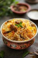 ai genererad biryani salighet awadhi kulinariska artisteri i ett elegant chic presentation foto