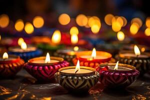 ai genererad Lycklig diwali - diya lampor belyst under firande foto