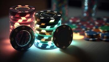 ai genererad poker chips.web baner för spel design, flygblad, affisch, baner, uppkopplad kasino reklam. ai foto