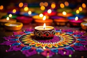 ai genererad färgrik lampa belyst under de firande av diwali foto