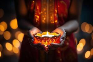 ai genererad kvinna innehav deewe under diwali festival foto