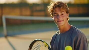 ai genererad en ung stilig manlig tennis spelare innehar en tennis racket och en gul tennis boll i hans händer foto