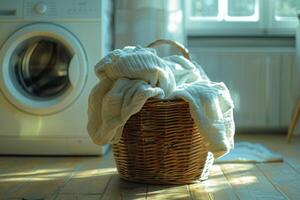ai genererad korg av tvätt handdukar på golv i främre av tvättning maskin foto