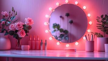 ai genererad en fåfänga tabell med en gnistrande spegel och rosformad lampor, perfekt för glamorös klä upp sessioner foto
