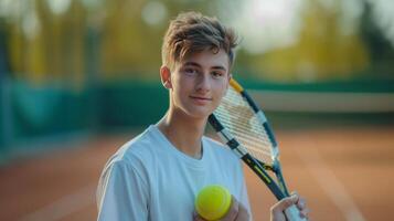 ai genererad en ung stilig manlig tennis spelare innehar en tennis racket och en gul tennis boll i hans händer foto