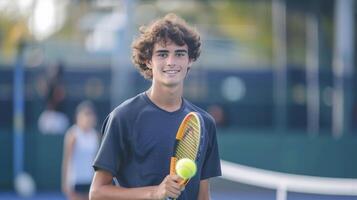 ai genererad en ung stilig manlig tennis spelare innehar en tennis racket och en gul tennis boll i hans händer foto