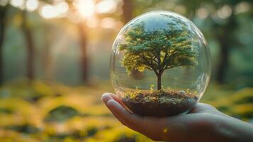ai genererad grön fläck bakgrund med en hand innehav en glas klot boll och en växande träd. eco begrepp. foto
