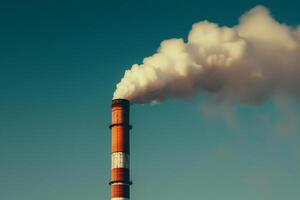 ai genererad en lång fabriksskorsten frisättande en tjock plym av vit rök in i de klar blå himmel, symboliserar industriell förorening och miljö- frågor. foto