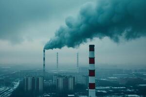 ai genererad en lång fabriksskorsten frisättande en tjock plym av vit rök in i de klar blå himmel, symboliserar industriell förorening och miljö- frågor. foto