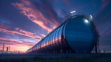 ai genererad en stor industriell bränsle lagring tank står framträdande under en slående färgrik solnedgång himmel, med petrokemiska växt lampor i de distans. foto