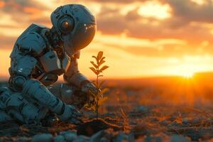 ai genererad miljö begrepp, ett autonom robot försiktigt växter en ung träd ungt träd under en skön solnedgång, blandning teknologi med natur restaurering. foto