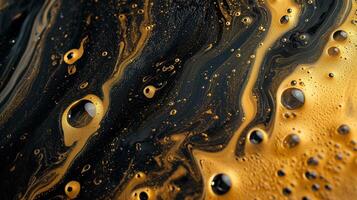 ai genererad makro skott av gyllene virvlar med svart bubblor skapande en fascinerande abstrakt textur påminner av kosmisk fenomen eller lyxig marmorerad ytor. foto