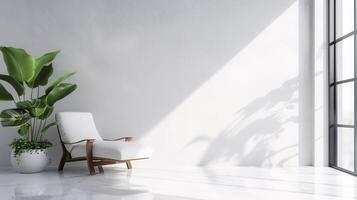 ai genererad modern minimalistisk interiör med solljus, vit vardagsrum stol, och grön växter för eleganta produkt monter foto
