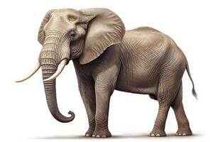 ai genererad elefant i främre av en vit bakgrund, afrika, ai genererad foto