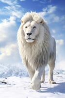 ai genererad porträtt av en vit manlig lejon i en snöig miljö, ai genererad foto