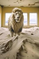 ai genererad manlig lejon i ett övergiven hus i en öken- spöke stad, afrika, ai genererad foto