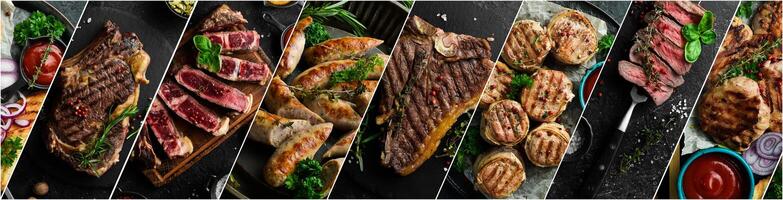 Foto collage. kalvkött biffar, kött, shish kebab, kebab, grillad korvar och såser. bbq nötkött kalvkött shish kebab spett. utegrill begrepp.