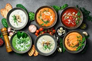 en uppsättning av diet- färgad vegetabiliska soppor. i en skål. de begrepp av vegetarian mat. topp se. foto