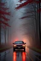 ai genererad en bil med röd lampor är körning ner en dimmig väg på natt. ai generativ foto