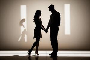 ai genererad en man och kvinna är innehav händer i en mörk rum. ai generativ foto