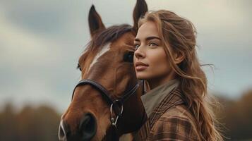 ai genererad en porträtt av en kvinna och henne häst stående i perfekt harmoni, spegling varje andras elegans foto