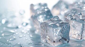 ai genererad kristallklart is kuber på en rena vit yta, representerar klarhet foto
