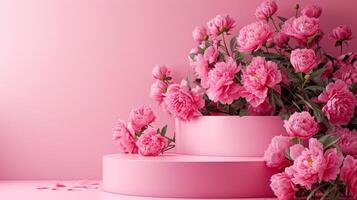 ai genererad tömma rosa podium och pioner blommor Nästa till den på en minimalistisk rosa bakgrund foto