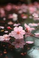 ai genererad delikat körsbär blommar faller försiktigt på en lugna damms yta foto