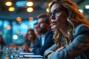 ai genererad en professionell kvinna med glasögon uppmärksamt lyssnar under en allvarlig företag konferens. foto