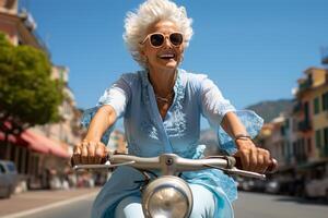 ai genererad Lycklig äldre kvinna i solglasögon har roligt ridning en skoter på en solig dag. foto