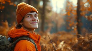 ai genererad en ung jägare i de skog, hans ansikte belyst upp med en äkta leende mot de kamera foto