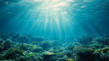ai genererad djup blues och smaragd- grönt skildra de mystisk värld under de havets yta, foto
